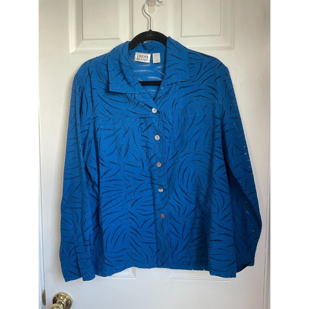 CHICO'S Design VTG Blue Burnout Button Down SHIRT TOP Sz 2 L chore barn jacket